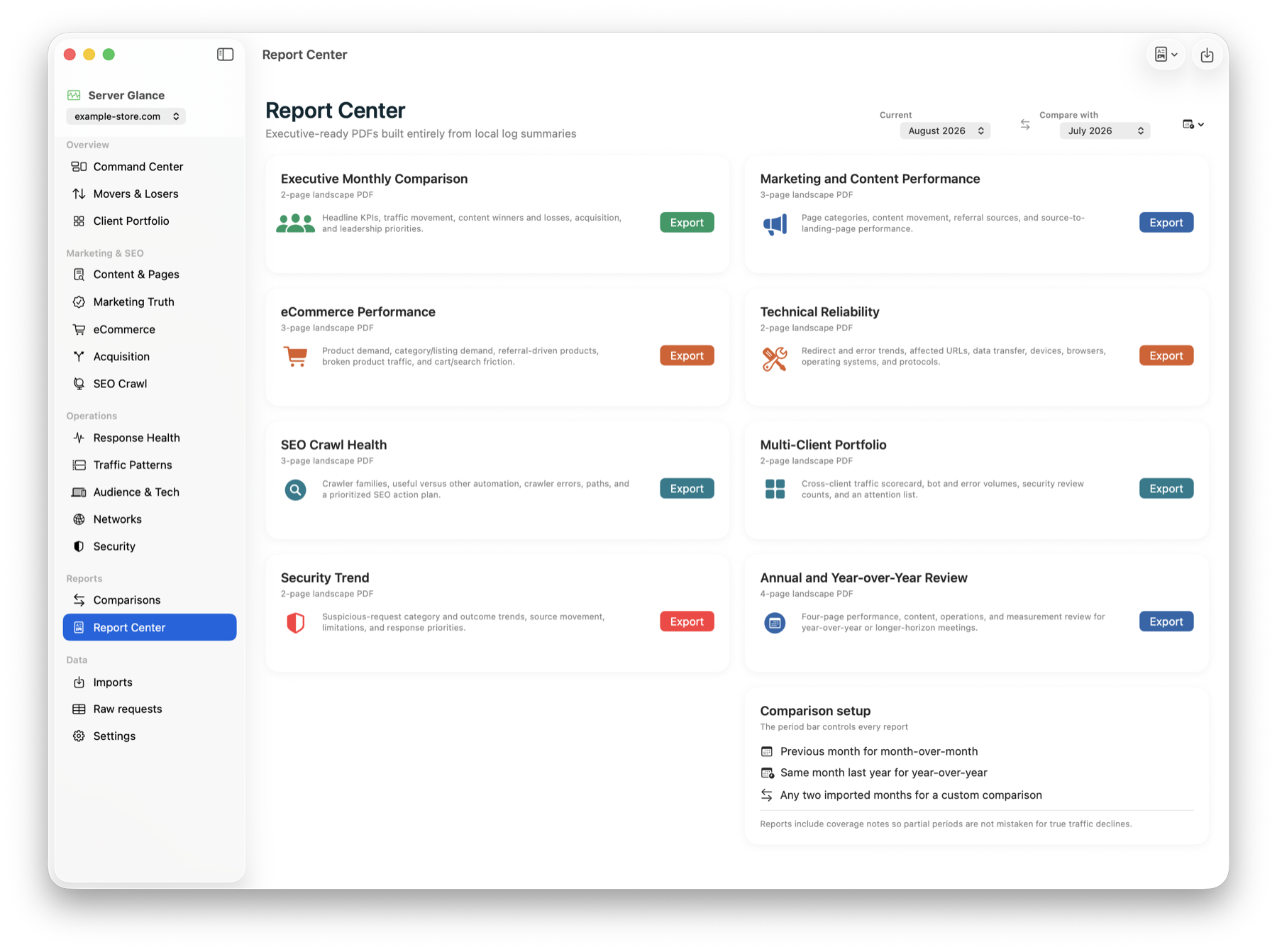 Server Glance report center with demo PDF export options